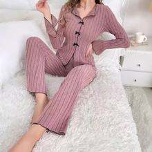 外贸跨境欧美秋冬睡衣女翻领蝴蝶结时尚性感长袖长裤家居服套装女