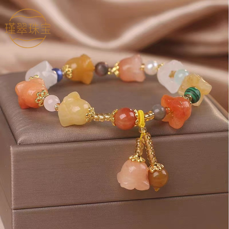 Pulsera de seda dorada con cuentas de lirio de los valles, pulsera de estilo étnico para mujer, pulsera de amistad de lujo ligero, joyería para transmisión en vivo.