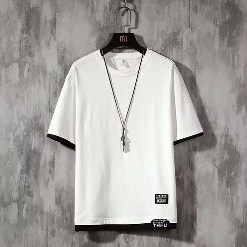 Men's Summer Short Sleeve T-Shirt, Japanese Style Simple Men's Clothing, Casual Matchy Matchy Trendy Cotton Pseudo-Bifurcated Half-Sleeve Top