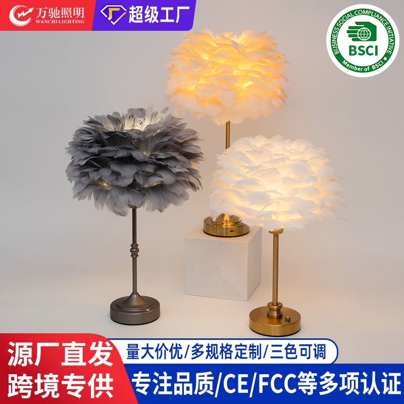 Cross-border Nordic ins Feather Table Lamp Simple Romantic Bedside Table Lamp Advanced Sense Study Bedroom Decorative Atmosphere Lamp