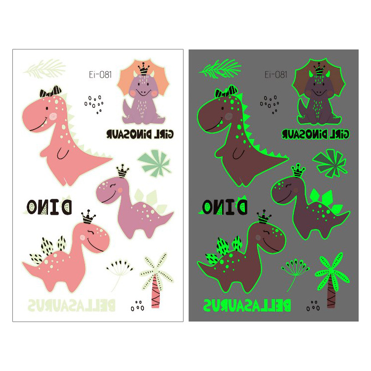 Suministro transfronterizo nuevo dinosaurio luminoso tatuaje pegatinas niños dibujos animados diversión pegatinas luminosas pegatinas temporales del tatuaje