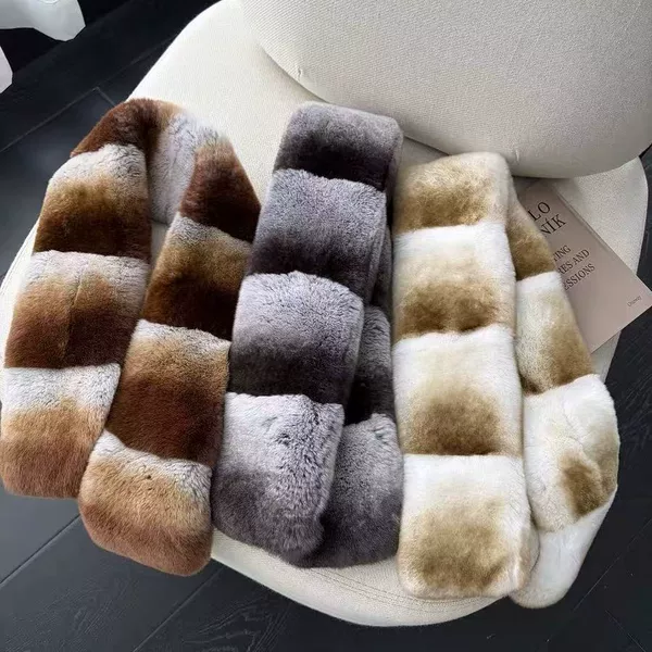 High-End Chinchilla-Colored Double-Sided Rabbit Fur Scarf for Women, Winter Warm Soft and Elegant Cross-Fur Neck Warmer