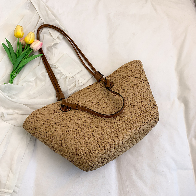 Stylish Solid Color Woven Bag, Large Capacity Vacation Straw Tote Bag, Market Basket Bag For Women (Available In Small And Large) - Thumbnail 6