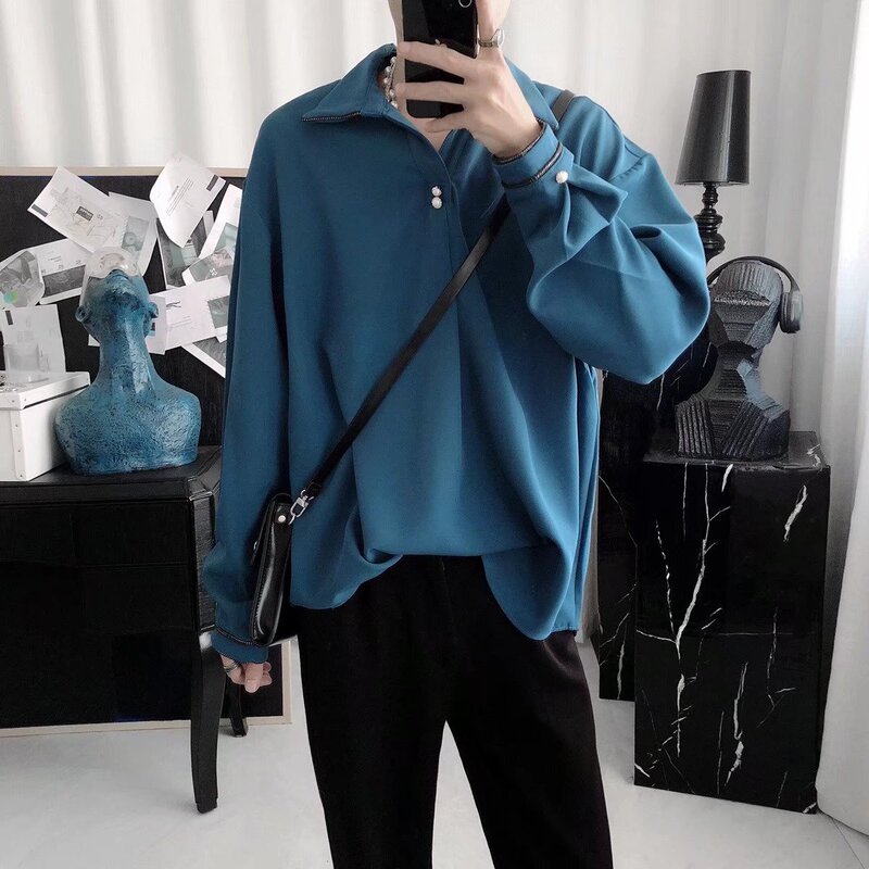 Hong Kong Style Long Sleeve Shirt Men's Korean Style Fashionable All-match Handsome Couple's Chanel Style Button Shirt Loose Solid Color Top