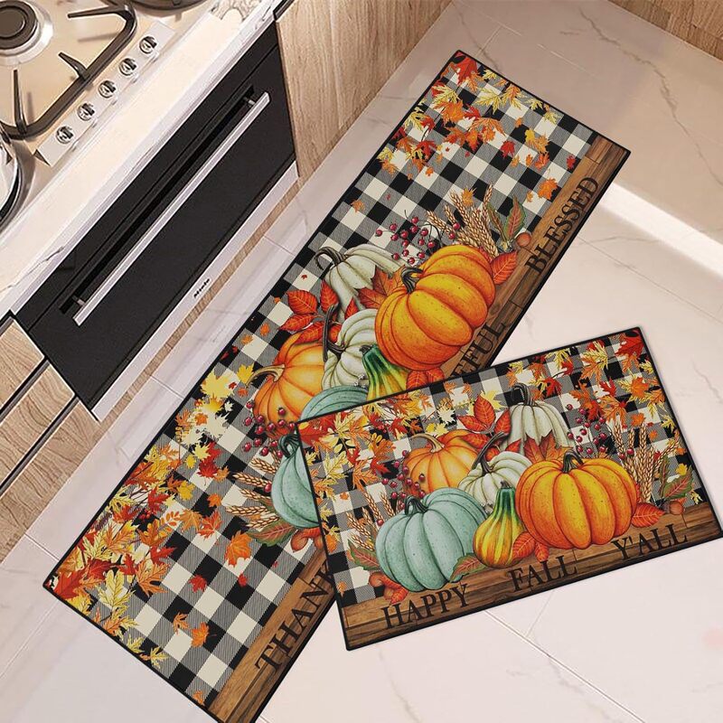 Amazon autumn Thanksgiving kitchen two-piece set cartoon harvest festival entrance door mat water-absorbent oil-absorbent pumpkin mat
