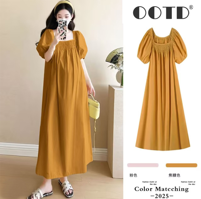 Maternity 2025 Summer New Style Elegant Square Collar Princess Style Bubble Sleeve Loose Simple Pregnant Women Long dress