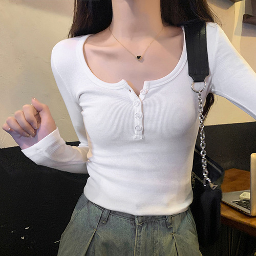 ins Pure Desire Hot Girl Half-Open Neck Long Sleeve Underwear T-Shirt Women's Shirt Spring and Autumn Ribbed Slim Fit Buttoned Long Sleeve Top Small Shirt 
