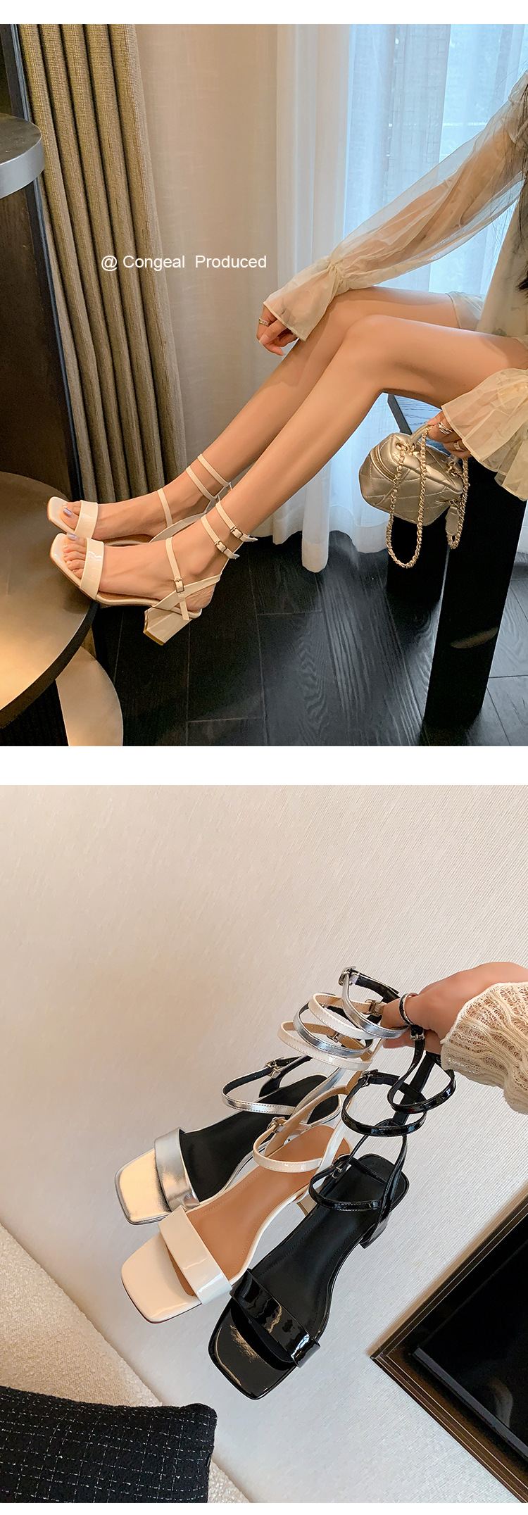 Sandal cao gót nữ quai ngang hở mũi mũi vuông gót vuông — Màu đen chi tiết 21