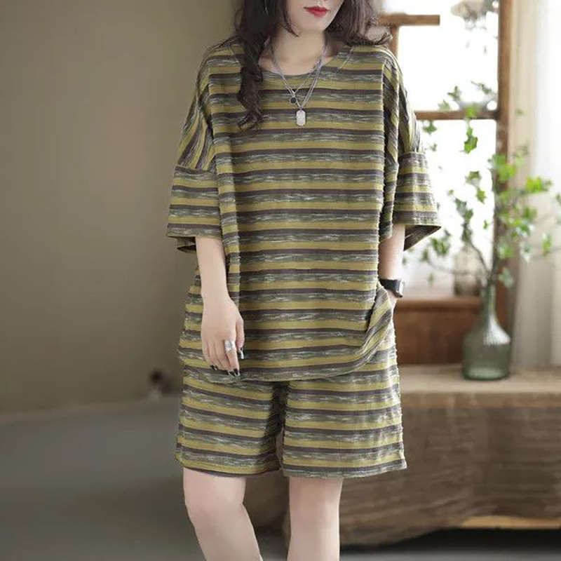 Fashion Trendy Striped Suit Short-Sleeve Shorts Summer New Versatile Plus-Size Women's Loose Slimming Two-Piece Set