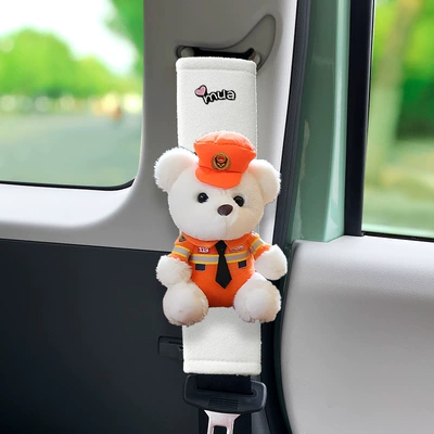 Seat belt shoulder pad | Cover - white-velvet-orange-bear