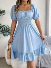 T 91594 Square Neck Short Sleeve A-Line Dress �����Ҷ�߶�