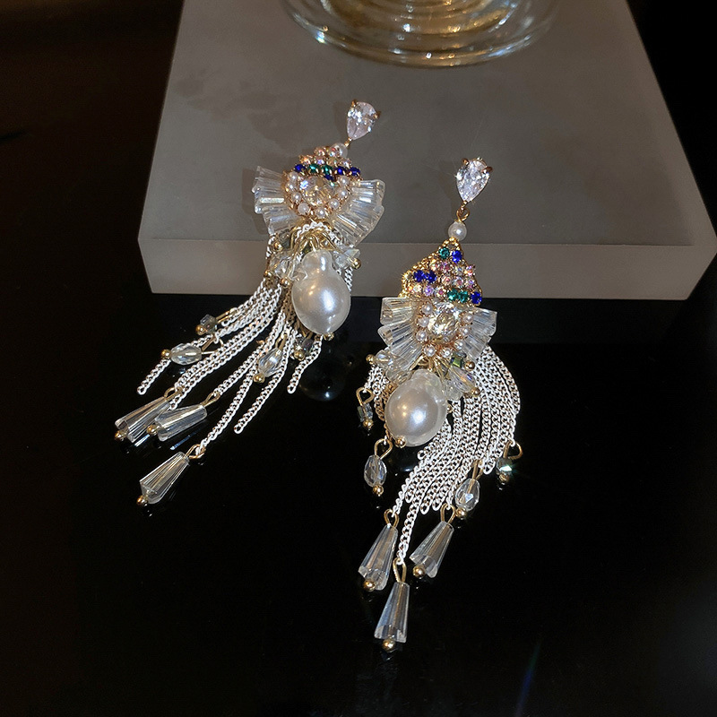 46#실버 바늘 - 화이트 펄 크리스탈 태슬