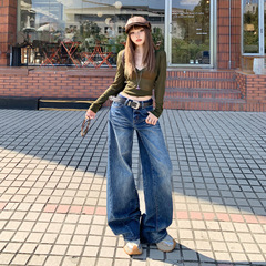 【今茵】时尚美式低腰宽松阔腿裤垂感百搭复古水洗折痕牛仔裤女潮