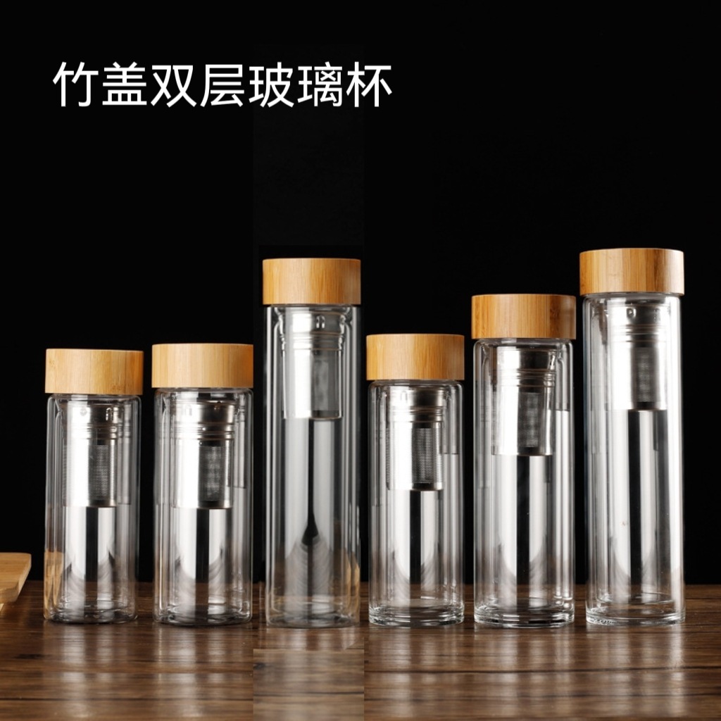Cross-Border Hot-Selling Bamboo Lid Water Cup, Glass Cup, Advertising Cup, Tea Cup, Transparent Silk-Screen Logo Tea Cup, Double-Layer Glass Cup