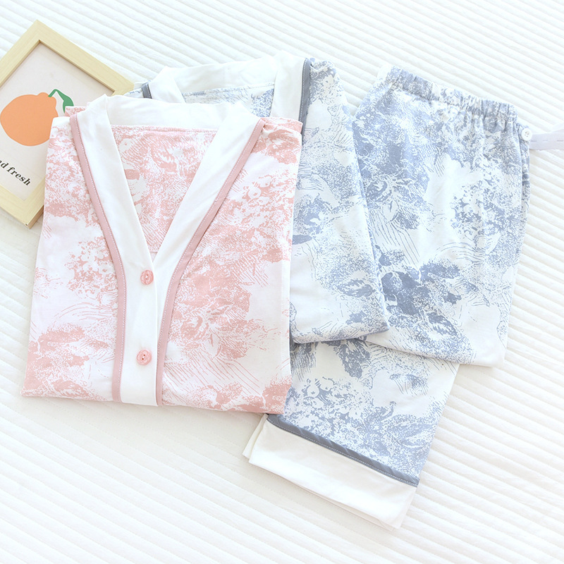 V-Neck Ink Painting Long-Sleeved Trousers Two-Piece Set Anti-Glow Breastfeeding Clothes Discharge Clothing Pregnancy Pajamas Moon Suit V-Neck Ink Painting Long-Sleeved Trousers Two-Piece Set Anti-Glow Breastfeeding Clothes Discharge Clothing Pregnancy Pajamas Moon Suit
