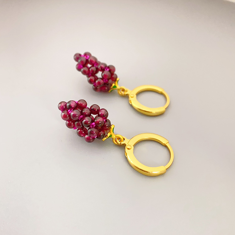 新款中式田園風石榴石葡萄吊墜高級感輕奢耳墜銅鍍真金耳環女批發