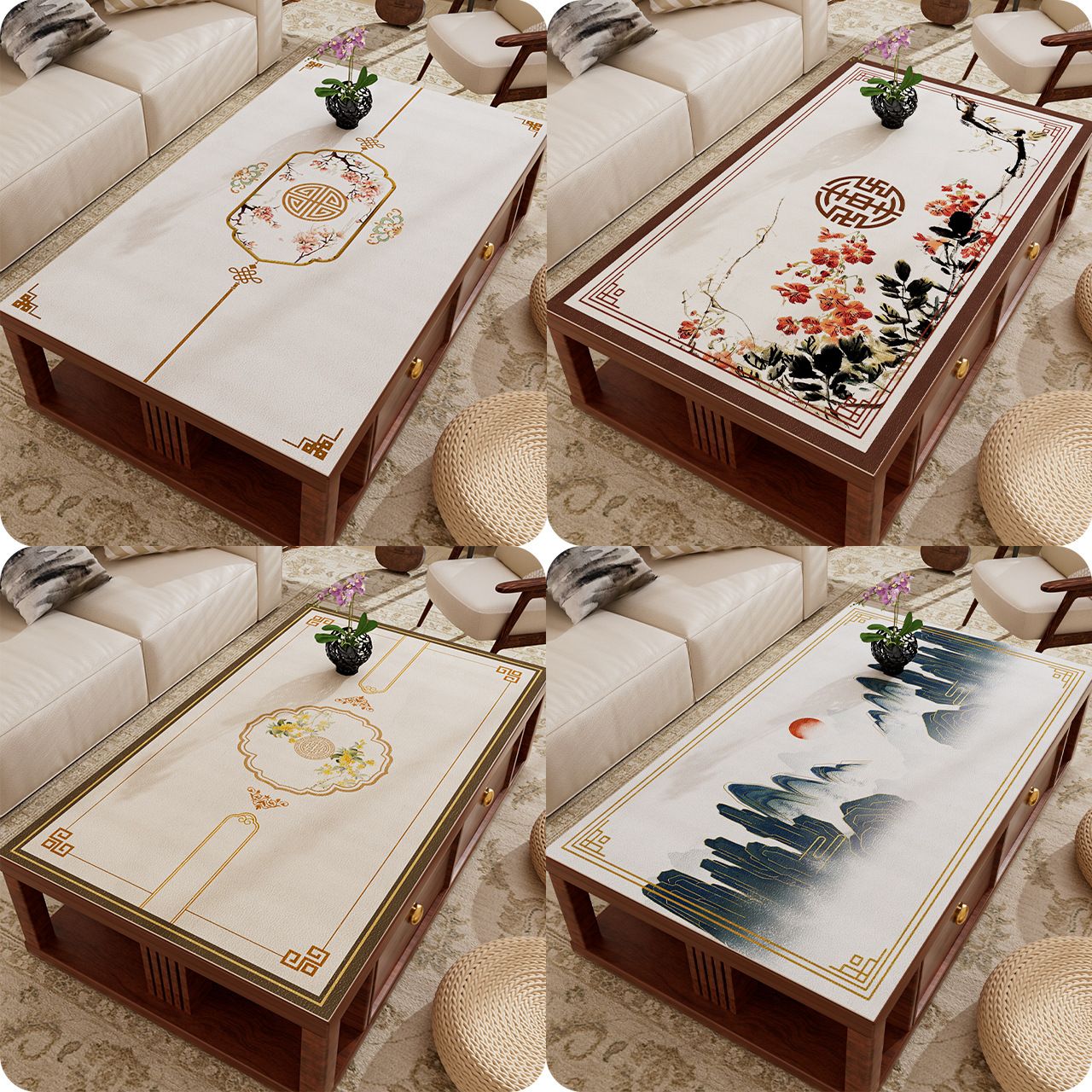 New Chinese Style Coffee Table Mat Waterproof, Oil-Proof and Anti-Scalding Protective Mat Accessible Luxury High-End Thermal Insulation Dining Table Protective Film