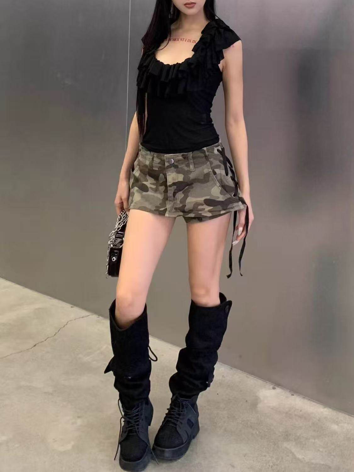 美式vibe高街迷彩超短牛仔裤裙夏辣妹低腰修身显瘦阔腿包臀裤裙潮