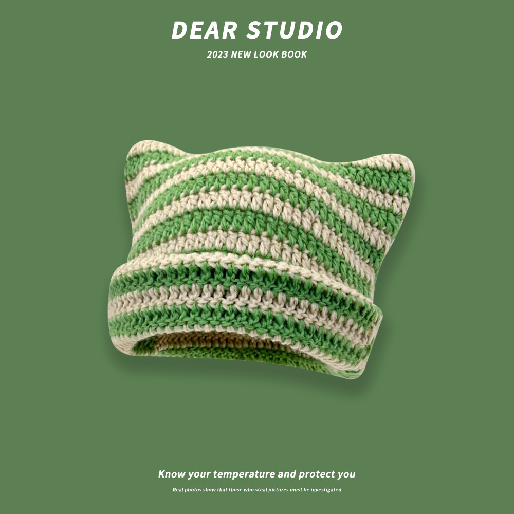 Japonés lindo gato orejas de punto de lana sombrero femenino Otoño e Invierno pequeño diablo a rayas cálido todo-Partido suéter sombrero moda