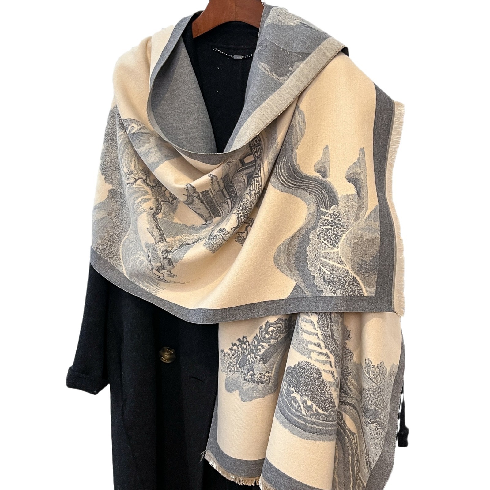 Nuevo estilo antiguo paisaje imita bufandas de cachemira 2024 invierno retro versátil jacquard cálido largo mantel