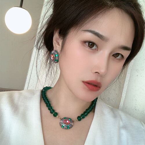 Antique-style silver needle vintage heavy work emerald crystal gemstone earring set high-quality retro earrings eardrops
