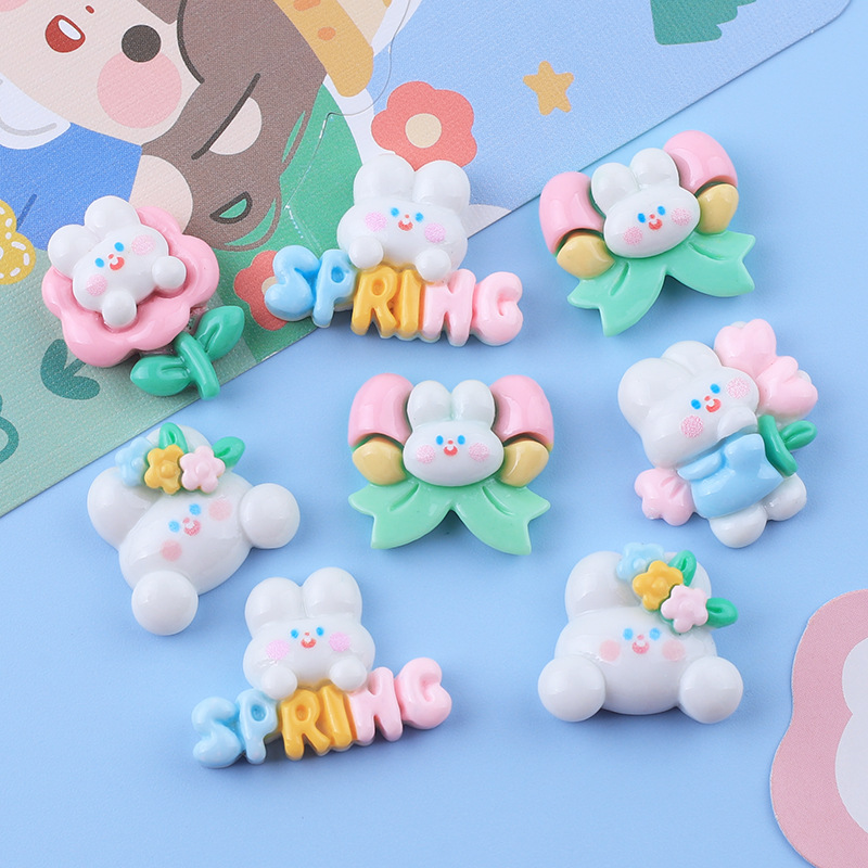 Brillante conejo blanco resina accesorios DIY crema pegamento sosteniendo flor conejo parche taza de agua pegatinas cuerda de pelo accesorios para el cabello banda de goma paquete de material