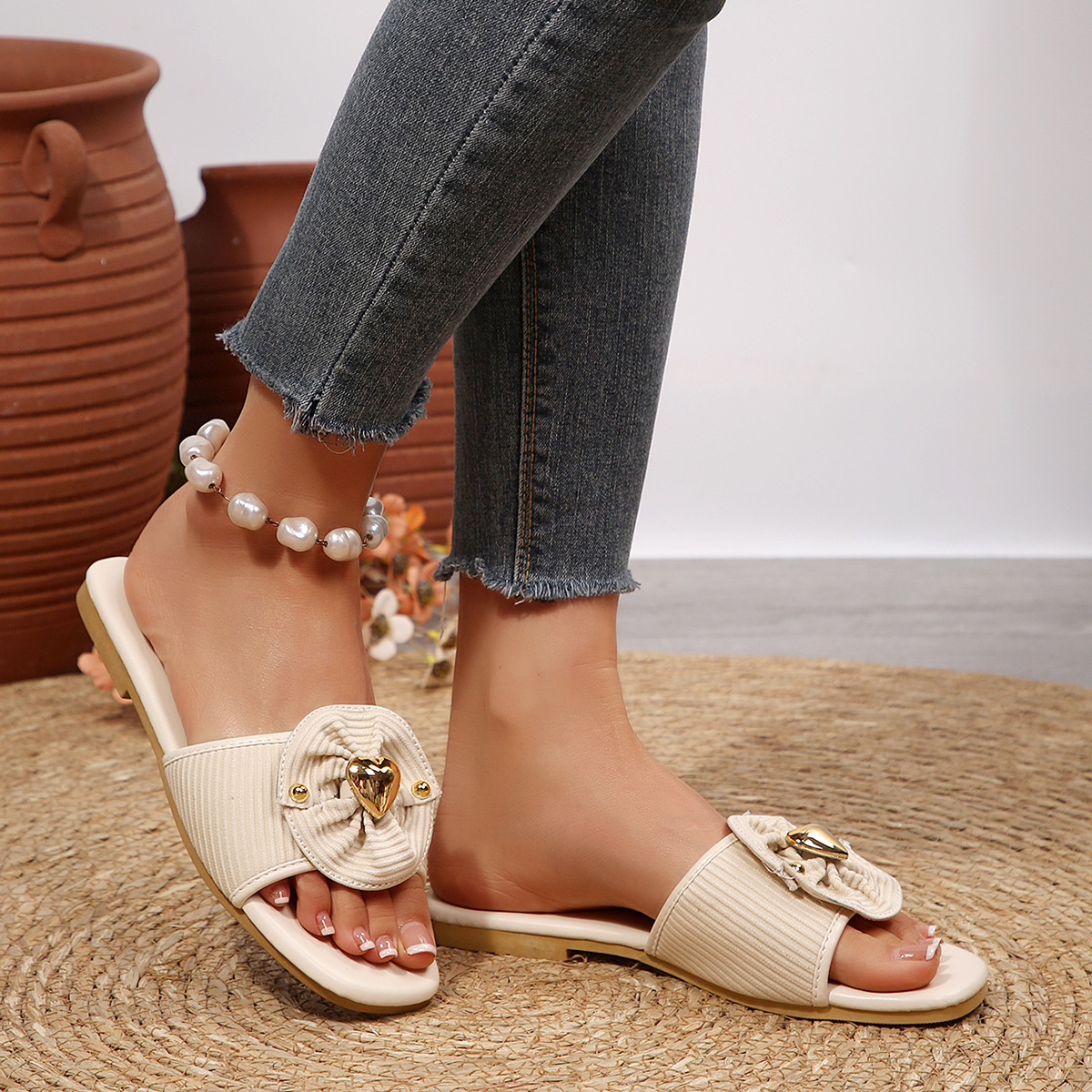 Sandalias Planas de Punta Cuadrada para Mujer de Tejido y Plástico, Cómodas, Suela Plana, para Uso Casual image 4