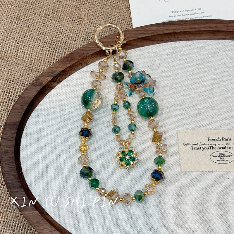 Japanese and Korean High-End Beaded Mobile Phone Chain Green Flower Mobile Phone Lanyard Wrist Rope Hanging Chain Pendant Hand Chain Pendant
