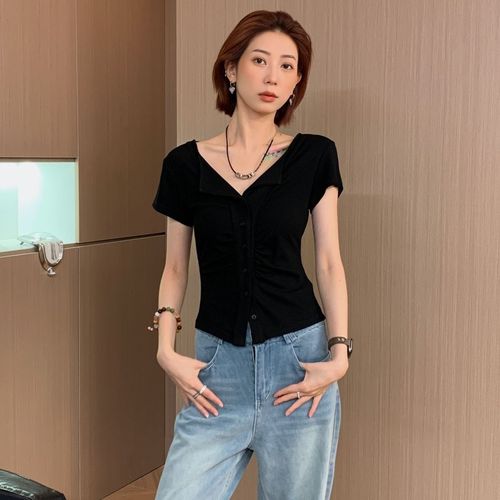 Folded Collar Mini Tank Top Unique Design with Slits V-neck Sweet and Spicy 2025 Short-sleeve T-shirt for Women Summer Stylish Short-sleeve Top