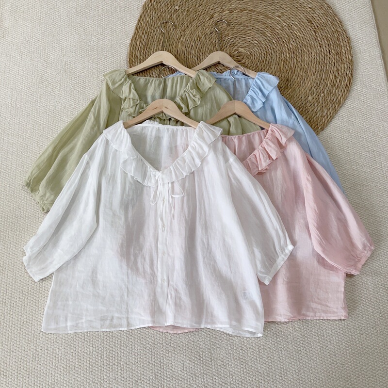 Literary Age-Reducing Lace-Up Ruffled Loose Ramie Three-Quarter Sleeve Shirt Light and Elegant Top