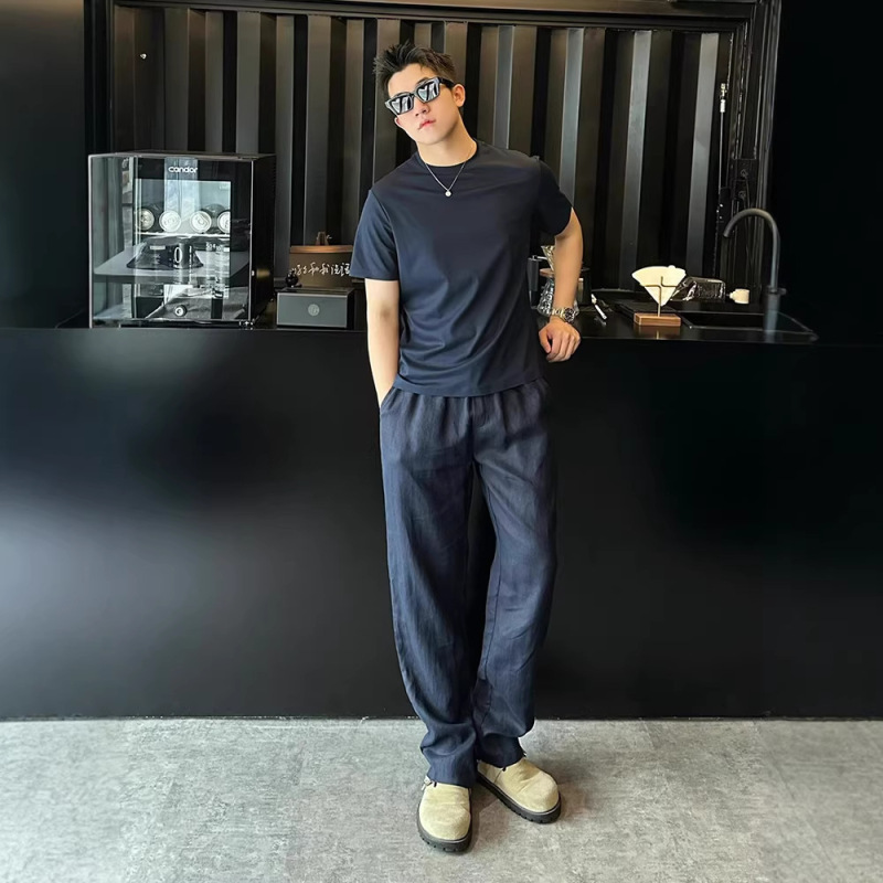 Navy Blue Old Money Style Linen Pants for Men, Summer Breathable Straight-Leg Drapey Slimming Cotton-Linen Dress Pants, Casual Long Pants
