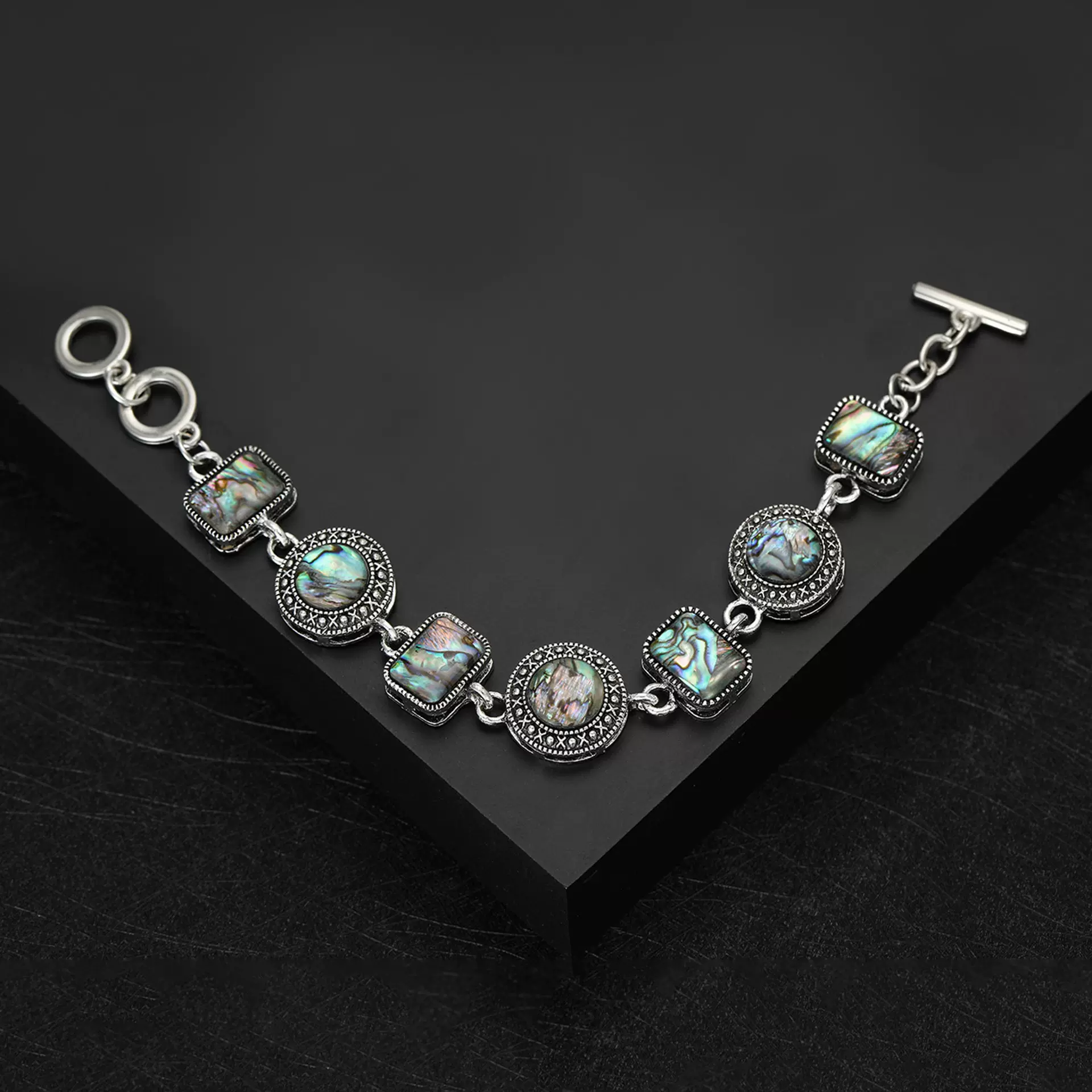 新款天然鲍鱼贝壳手链 创意可调节三环扣手链 时尚潮流复古手饰