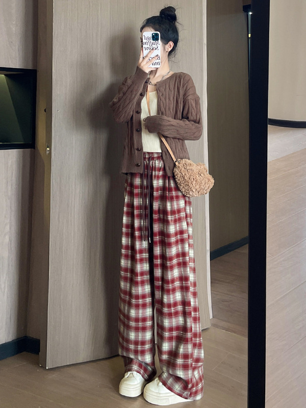 复古格子山本阔腿裤女秋季新款慵懒风高腰直筒垂感显瘦拖地休闲裤|undefined