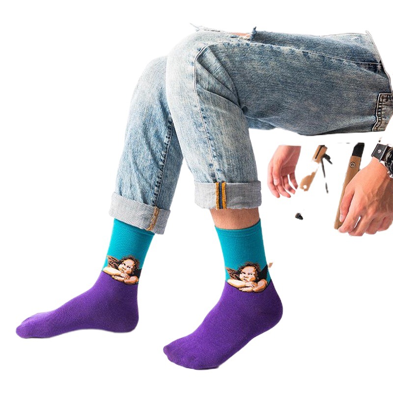 Cielo estrellado calcetines de algodón para hombres calcetines de pintura famosos calcetines de pintura al óleo de Mona Lisa calcetines de media pantorrilla para hombres suministro transfronterizo ventas directas de fábrica