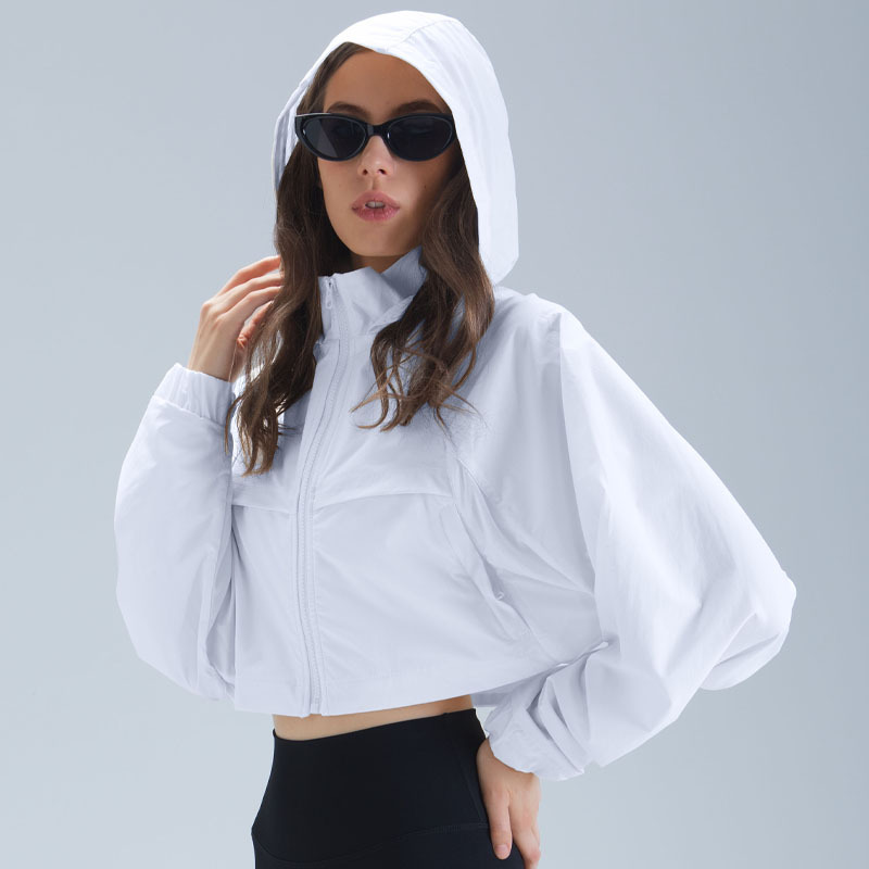 Transfronterizo corto con cojín de pecho para el deporte al aire libre juego de ocio fitness correr yoga suelto chaqueta con capuz seco rápido