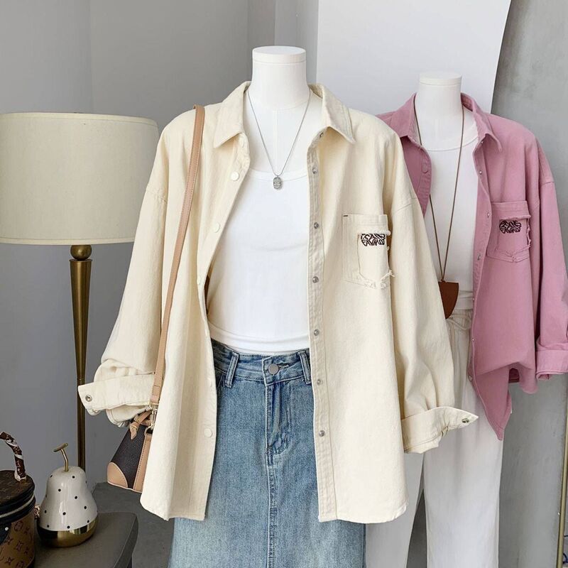 Plus-Size Spring and Autumn Thin Casual Versatile Embroidered Letter Loose Mid-Length Shirt Jacket