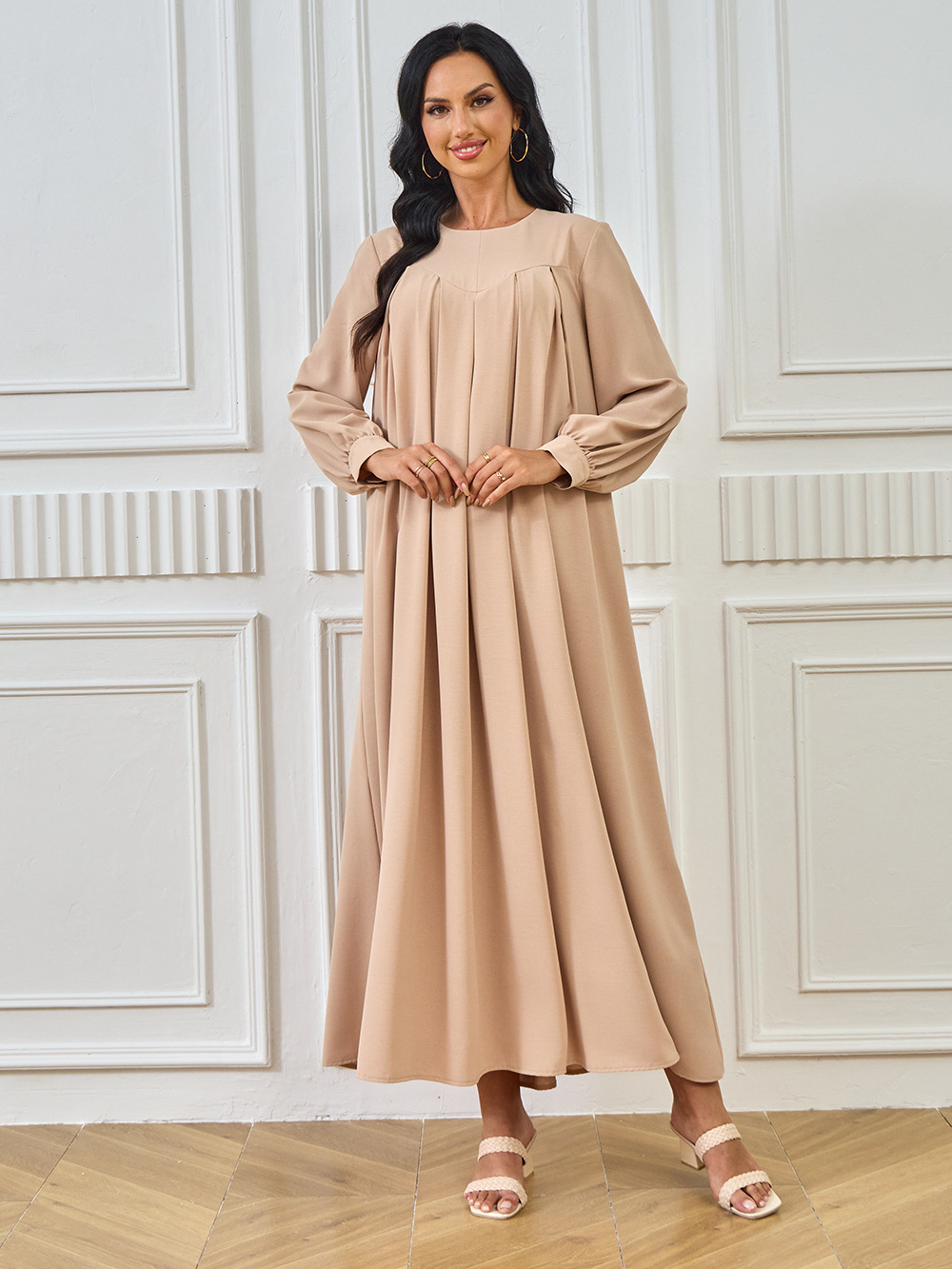 New Abaya Arab Cross-border Middle Eastern Muslim Robe Long-sleeved Solid Color Large Hem Dress Long Skirt Women's_ecoleips.com