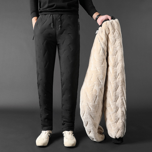 Men's Padded Winter Knit Pants, Wrinkled Straight Leg Men's Pants, Thick Cotton Men's Pants, Sporty Casual Large Men's Drawstring Pants