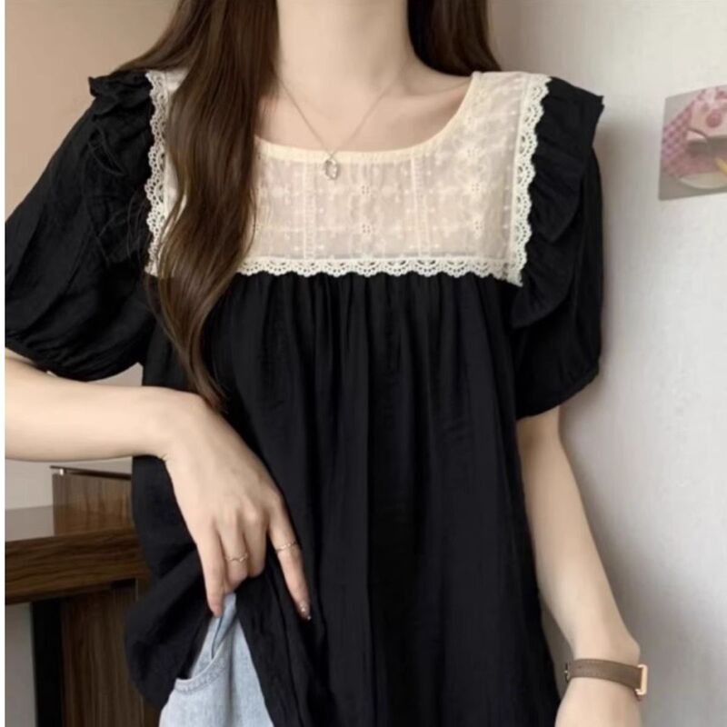 Plus Size Puff Short-Sleeved Shirt Women's Summer Fat mm Slimming Look Loose Elegant French Shirt Lace Ruffle Top
