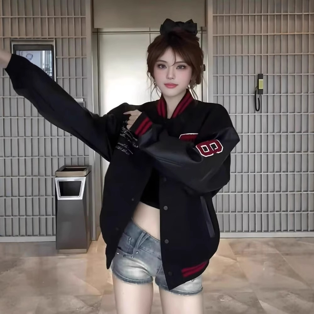 (2개) 패션 일본 스타일 브랜드 스티칭 대조 컬러 야구 세트 미국 스타일 레트로 PU 가죽 슬리브 트렌디 한 우아한 INS 인기