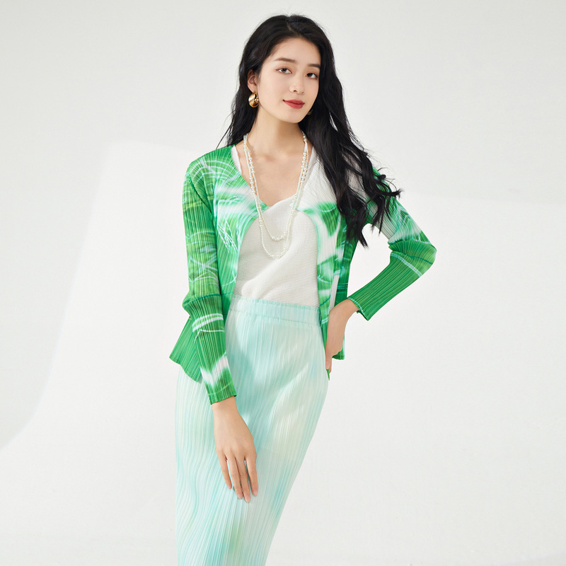 Nanyou Classy Women's Miyake Cardigan Jacket Spring and Summer New Printed Long-Sleeved Versatile Casual Pleated Top Outer Wear