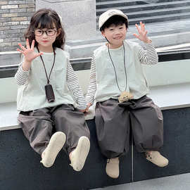 儿童装男童春秋套装2025新款洋气宝宝时髦兄妹装女孩春季三件衣服