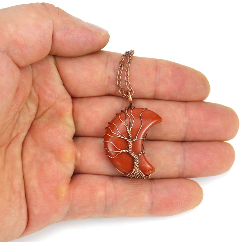 natural stone, Copper Material Simple Style Moon Tree Natural Stone Copper Pendant Necklace In Bulk