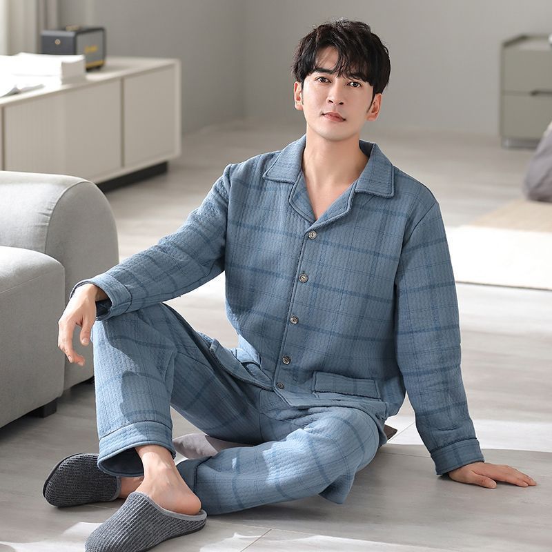 Cardigan de hombre engrosado primavera y otoño conjunto de pijamas de manga larga invierno delgado algodón intercalado otoño y invierno ropa para el hogar