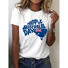 【欧码棉T】女士澳洲国庆日图案 T 恤，休闲圆领短袖上衣，带有英