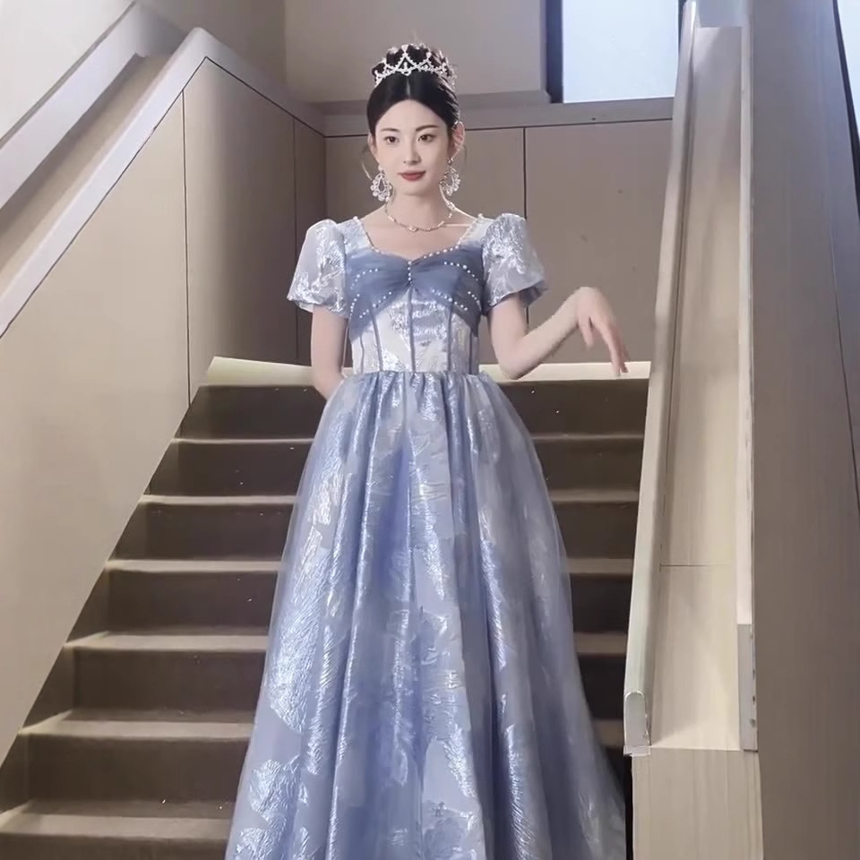 French Blue Evening Dress Women's High-end Light Luxury Niche Birthday Banquet Elegant Adult Ceremony Princess Dress for Hosting Annual Meeting