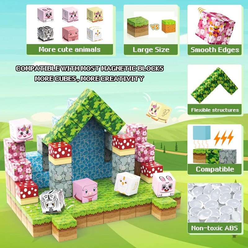 跨境我mine世界磁力积木4in1花园主题套装STEM感官玩具拼搭积木|undefined