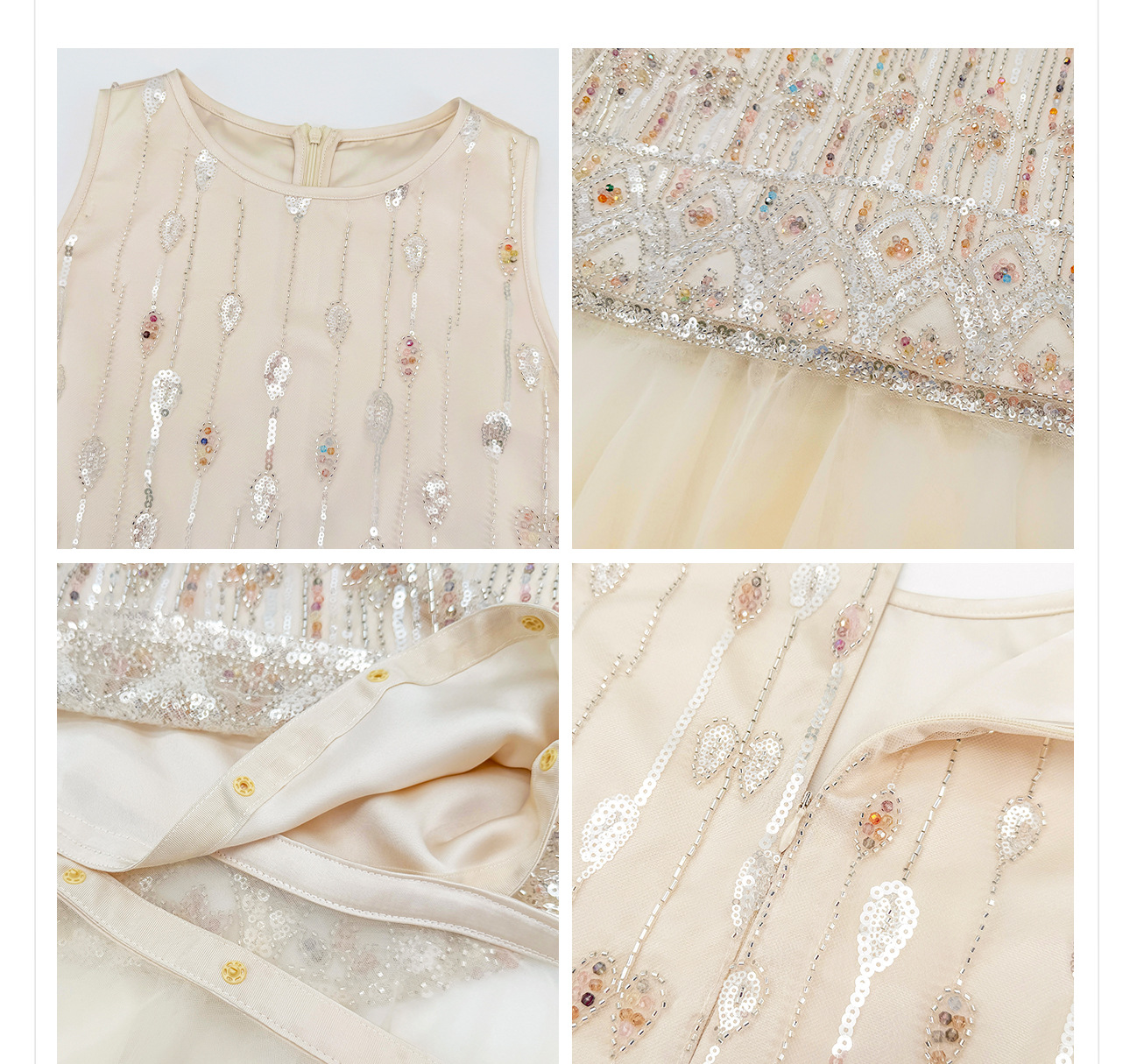 Đầm suông nữ midi phong cách Guofeng tay không sequin cao cấp — màu trắng ngà chi tiết 13