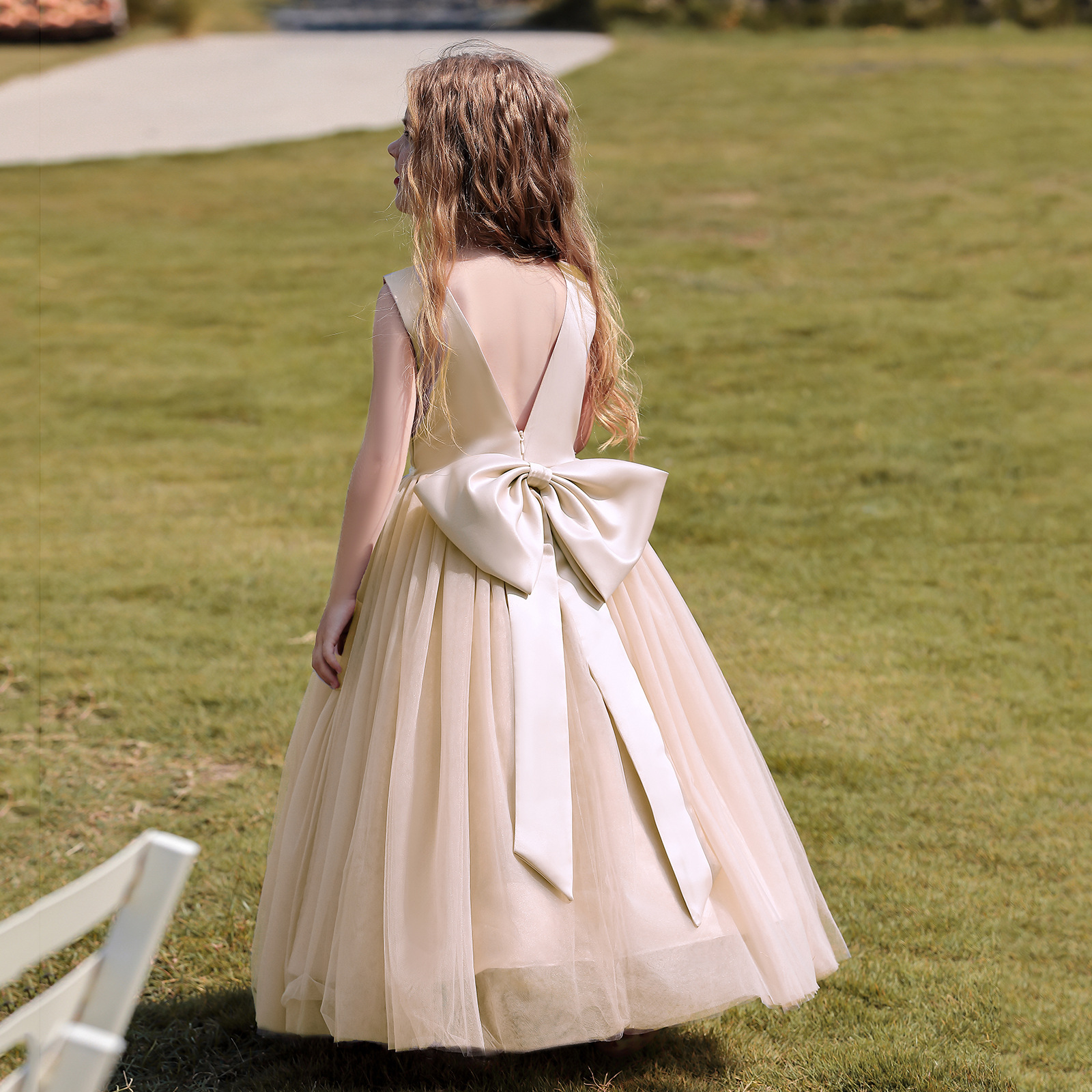 thumbnail image 5 of Vestido de noche para niña con lazo grande sin espalda, vestido de gasa esponjosa para niña, vestido de princesa, vestido de niña de las flores para boda, 5 of 6