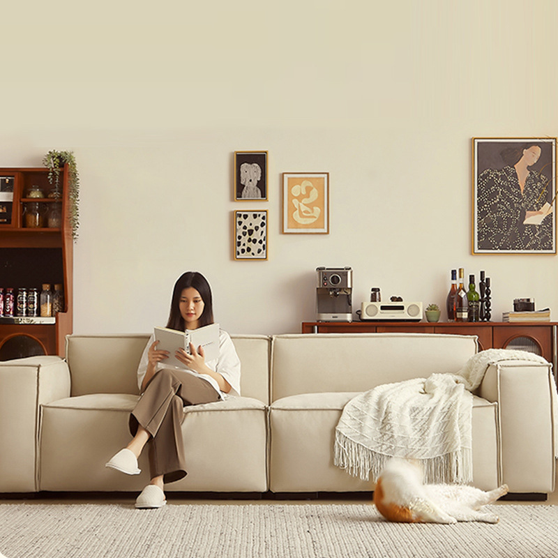 Living Room Straight Sofa Cat Scratch Cloth Tofu Block Sofa Three-Seater Fabric Foshan Factory Solid Wood Solid Wood Frame